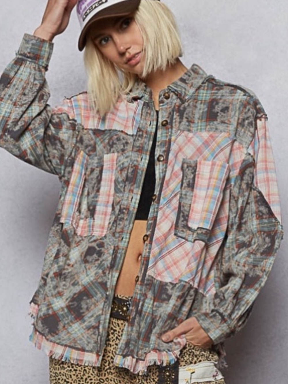 POL Patchwork Plaid Button-Down Shirt pocket Shacket - Pink, Gray, Blue - Picture 4 of 5